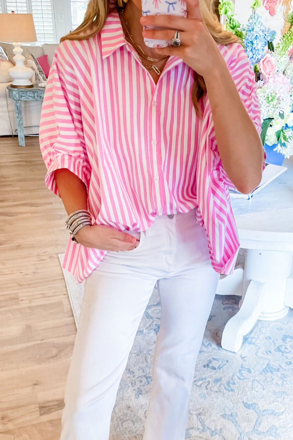 Pink Oversize Shirt | Stripe Dolman Sleeve Top