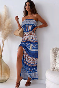 Maxi Dress | Blue Print Ruffle Strapless Tie Waist Dress