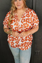 Load image into Gallery viewer, Orange Plus Size Floral Print Drawstring V Neck Short Sleeve Blouse | Plus Size/Plus Size Tops/Plus Size Blouses &amp; Shirts
