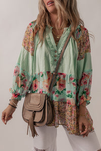 Green Printed Floral Patchwork Frilled Split Neck Blouse | Tops/Blouses & Shirts