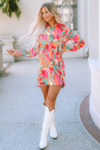 Long Sleeve Shirt Dress | Multi-Color Geometric Abstract Print