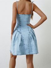 Load image into Gallery viewer, Denim Dress | Ruched Zip Up Spaghetti Strap Denim Dress
