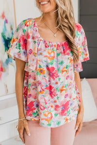 Multicolor Watercolor Floral Square Neck Ruffle Sleeve Blouse | Tops/Blouses & Shirts