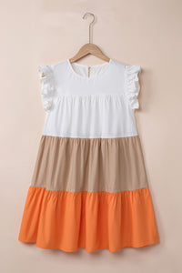 Cap Sleeve Dress | Apricot Color-Block Patchwork Ruffled Tiered