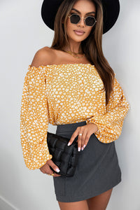 Lantern Sleeve Blouse | Yellow Floral Print Frill Trim Off-Shoulder