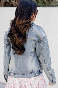 Pearl Beaded Denim Jacket | Sky Blue Pockets Denim Jacket