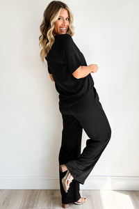 Wide Leg Pants Set | Black Solid Color T Shirt 2 Piece Set