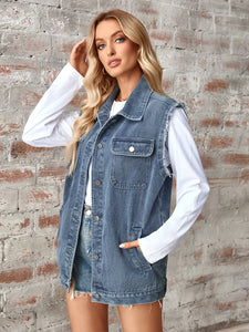 Denim Jacket | Raw Hem Sleeveless Button Up Jacket