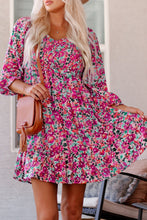 Load image into Gallery viewer, Purple Smocked V Neck Puffy Sleeve Floral Dress | Dresses/Floral Dresses
