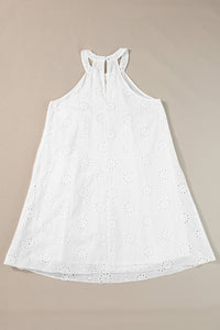 White Boho Eyelet Pattern Halter Neck Sleeveless Dress | Dresses/Mini Dresses