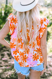 Orange Ruffled Sleeve Smocked Floral Top | Tops/Blouses & Shirts