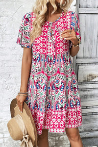 Pink Bohemian Print Tie Neck Ruffle Hem Short Dress | Dresses/Mini Dresses