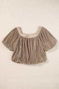 Puff Sleeve Top | Taupe Pleated Square Neck Blouse