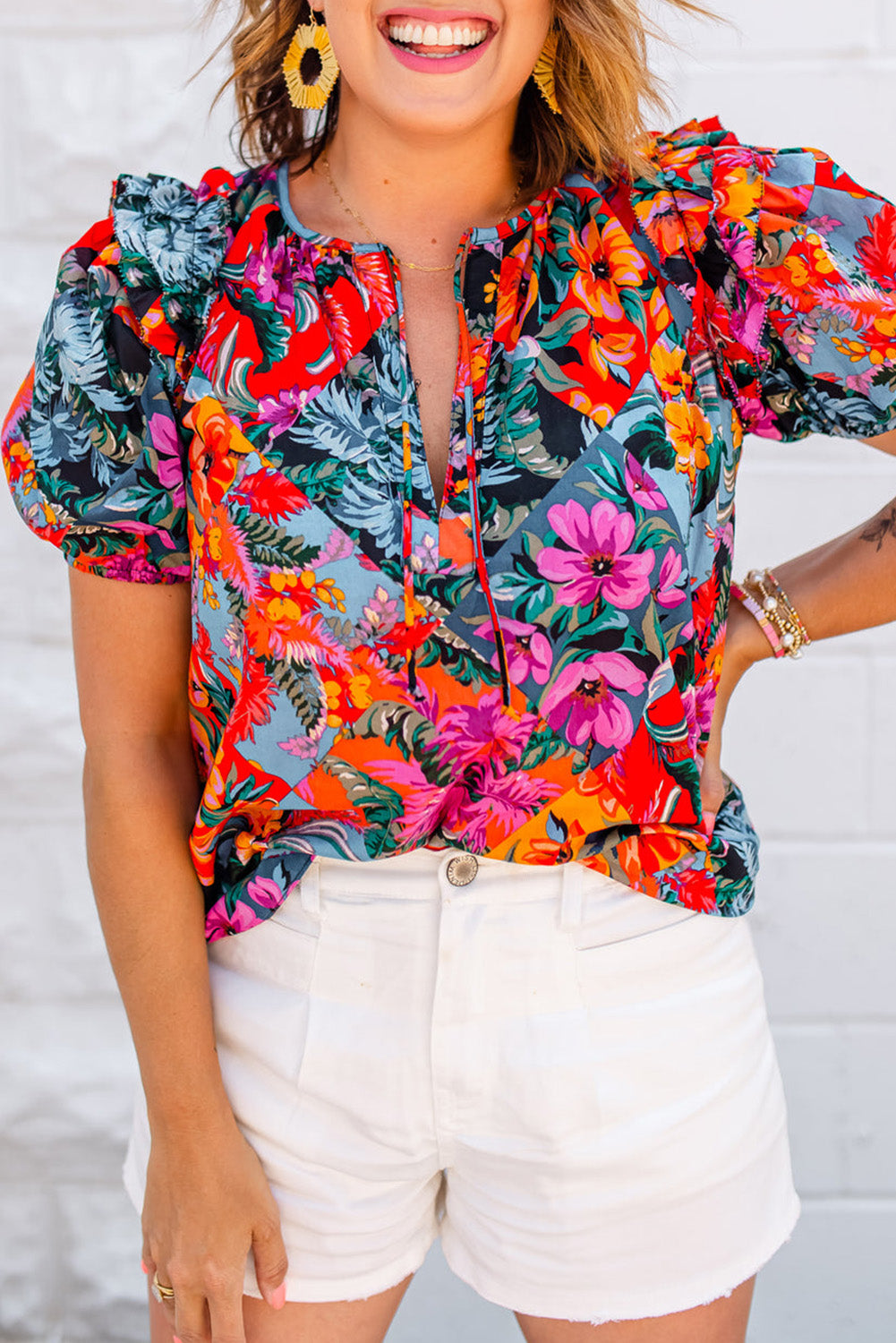 Multicolour Floral Print Ruffle Trim Bubble Sleeve Split Neck Blouse | Tops/Blouses & Shirts