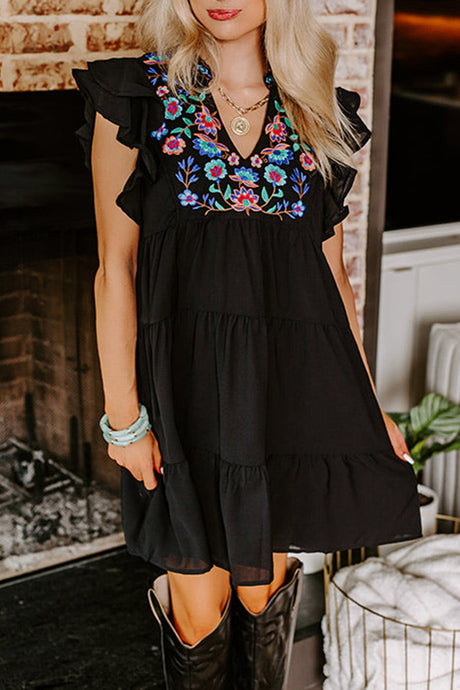 Black Floral Embroidered Tiered Ruffled Mini Dress | Dresses/Mini Dresses