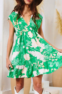 Mini Dress | Green Floral Sleeveless V Neck Ruffled Hem