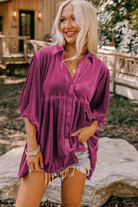 Pitaya Pink 3/4 Sleeve Tunic Babydoll Velvet Shirt | Tops/Blouses & Shirts