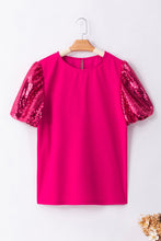 Load image into Gallery viewer, Rose Red Contrast Sequin Puff Sleeve T Shirt
