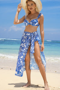 White 3pcs Flower Print Ruffled Bikini with Cover up | Swimwear/Bikinis