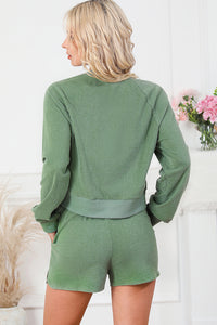 Shorts Set | Green Fleece Two-piece Cropped Pullover Shorts