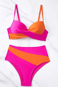 Rose Red 2-tone Patchwork Twist Bikini High Waist Swimsuit | Swimwear/High Waisted Swimsuit