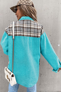 Sky Blue Plaid Patchwork Pockets Denim Jacket | Outerwear/Denim jackets