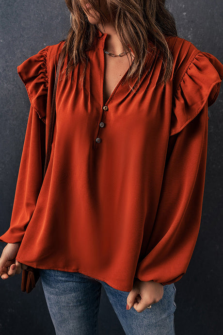 Orange Ruffled Pleated Buttoned V Neck Blouse | Tops/Blouses & Shirts