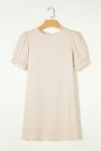 Load image into Gallery viewer, Puff Sleeve Mini Dress | Beige Crinkle Lace Trim Shift Dress
