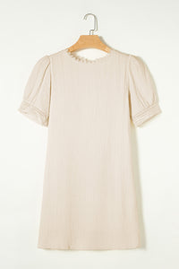 Puff Sleeve Mini Dress | Beige Crinkle Lace Trim Shift Dress