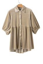 Load image into Gallery viewer, Babydoll Tunic Top | Pale Khaki 3/4 Sleeve Velvet Shirt
