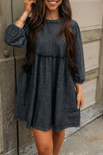 Load image into Gallery viewer, Denim Dress | Black Balloon Sleeve High Waist Dress
