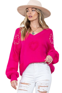 Rose Red Fuzzy Hearts V Neck Sweater