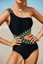 Load image into Gallery viewer, Black Zigzag Accent Cutout One Shoulder Teddy Swimwear | Swimwear/One Piece Swimsuit
