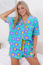 Load image into Gallery viewer, Green Flower Print Short Sleeve Shirt Pajamas Set | Loungewear &amp; Sleepwear/Sleepwear
