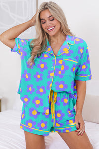 Green Flower Print Short Sleeve Shirt Pajamas Set | Loungewear & Sleepwear/Sleepwear