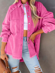 Womens Denim Jacket | Pink Button Down Raw Hem Denim Jacket | Denim Jacket