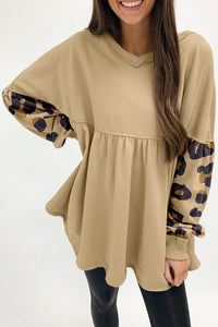 Khaki Leopard Splicing Sleeve Ruffle Loose Sweatshirt | Tops/Sweatshirts & Hoodies