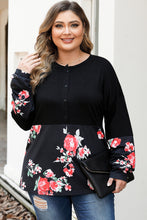 Load image into Gallery viewer, Black Plus Size Floral Printed Splicing Half Button Top | Plus Size/Plus Size Tops/Plus Size Long Sleeve Tops

