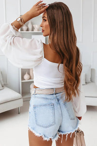 Womens Crop Top | White Drawstring Front Sheer Puff Sleeve Crop Top | Tops/Crop Tops