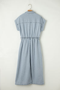 Denim Dress | Beau Blue Short Bat Wing Sleeve Slit Back Dress