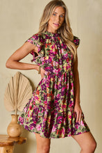 Load image into Gallery viewer, Green Floral Print Ruched Flutter Sleeve Frilled Neck Mini Dress | Dresses/Floral Dresses
