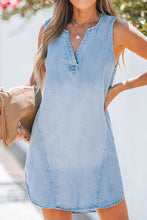 Load image into Gallery viewer, Beau Blue Light Wash Split Neck Sleeveless Chambray Dress | Dresses/Mini Dresses
