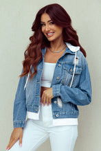 Load image into Gallery viewer, Sky Blue Distressed Contrast Hooded Denim Jacket with Pockets | Outerwear/Denim jackets
