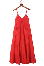 Load image into Gallery viewer, Womens Maxi Dress | Red O-ring Smocked Back Spaghetti Straps Tiered Maxi Dress | Dresses/Maxi Dresses
