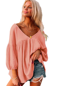 Pink Textured V Neck Bracelet Sleeve Babydoll Blouse | Tops/Blouses & Shirts