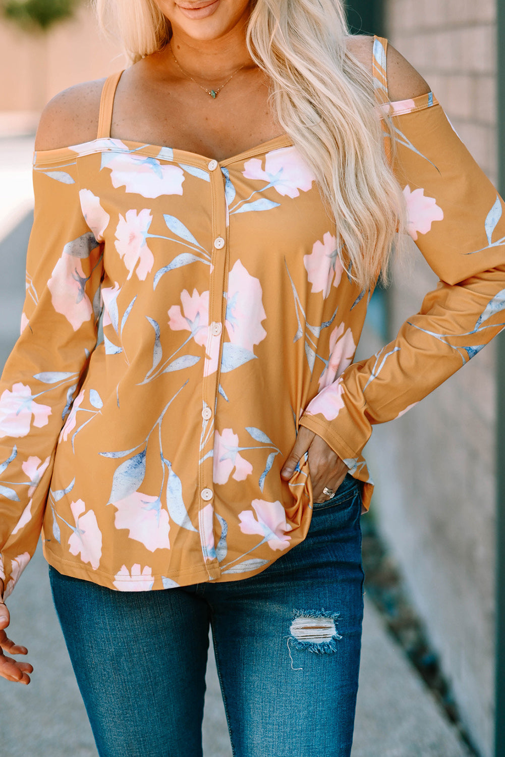 Yellow Cold Shoulder Long Sleeve Floral Top | Tops/Blouses & Shirts