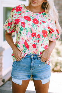 V Neck Blouse | Red Floral Print Ruffled Short Sleeve