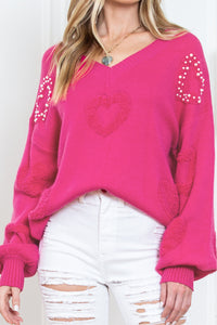 Rose Red Fuzzy Hearts V Neck Sweater