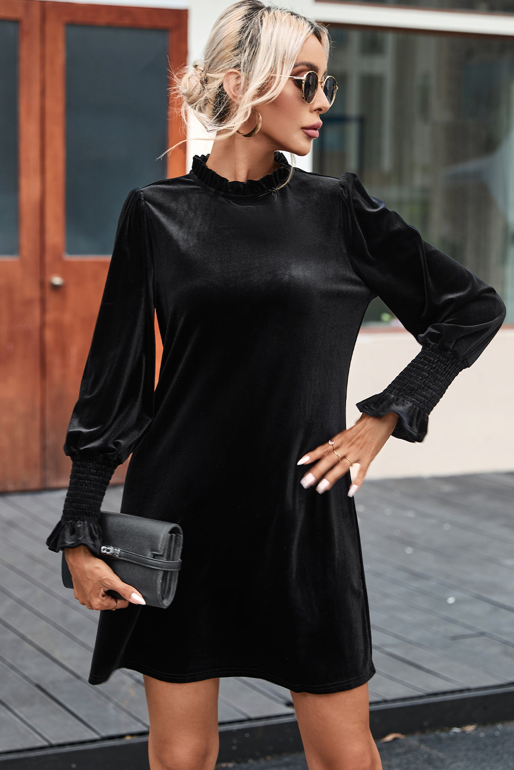 Black Velvet Frill Neck Long Sleeve Shift Dress | Dresses/Mini Dresses