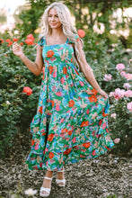 Load image into Gallery viewer, Green Floral Print Sleeveless Ruffle Tiered Maxi Dress | Dresses/Floral Dresses
